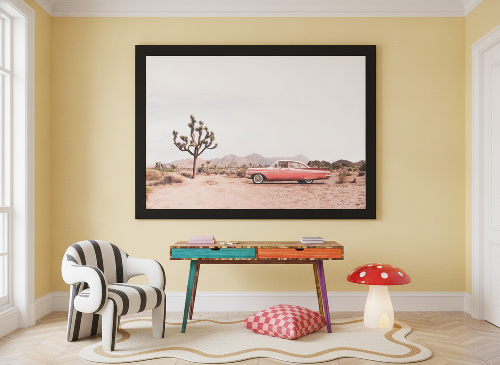 Oversized statement modern wall art print styled on the wall in a colourful eclectic home office