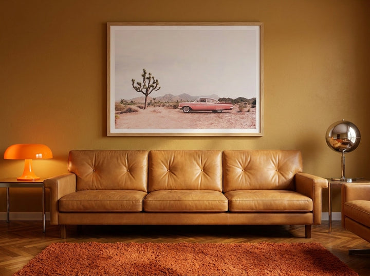 Modern wall art print styled on the wall in a retro 70s living room