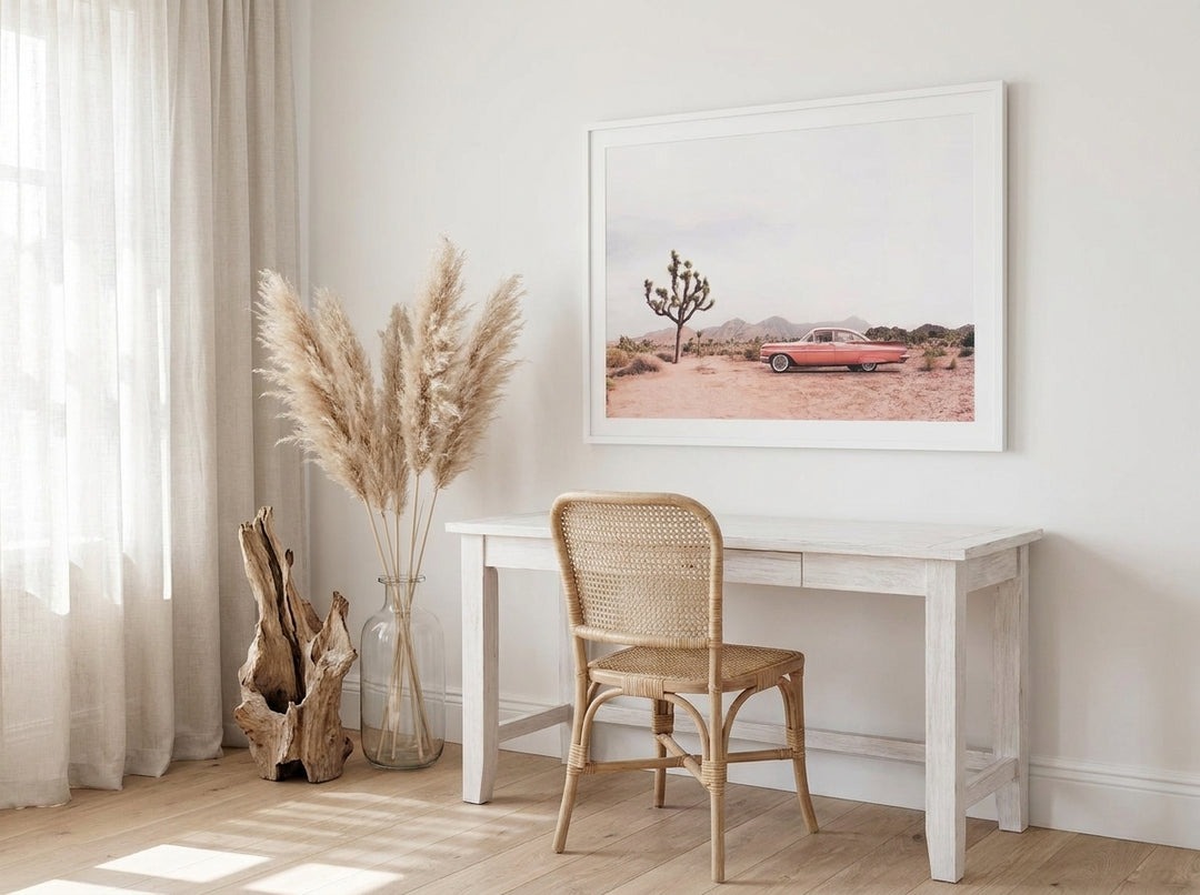 Modern wall art print styled on the wall in a coastal home office