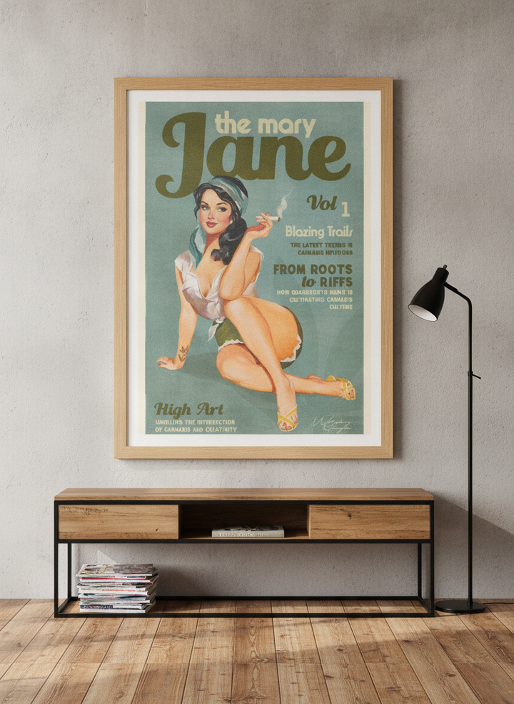 Modern wall art print styled on the wall in an industrial loft living room
