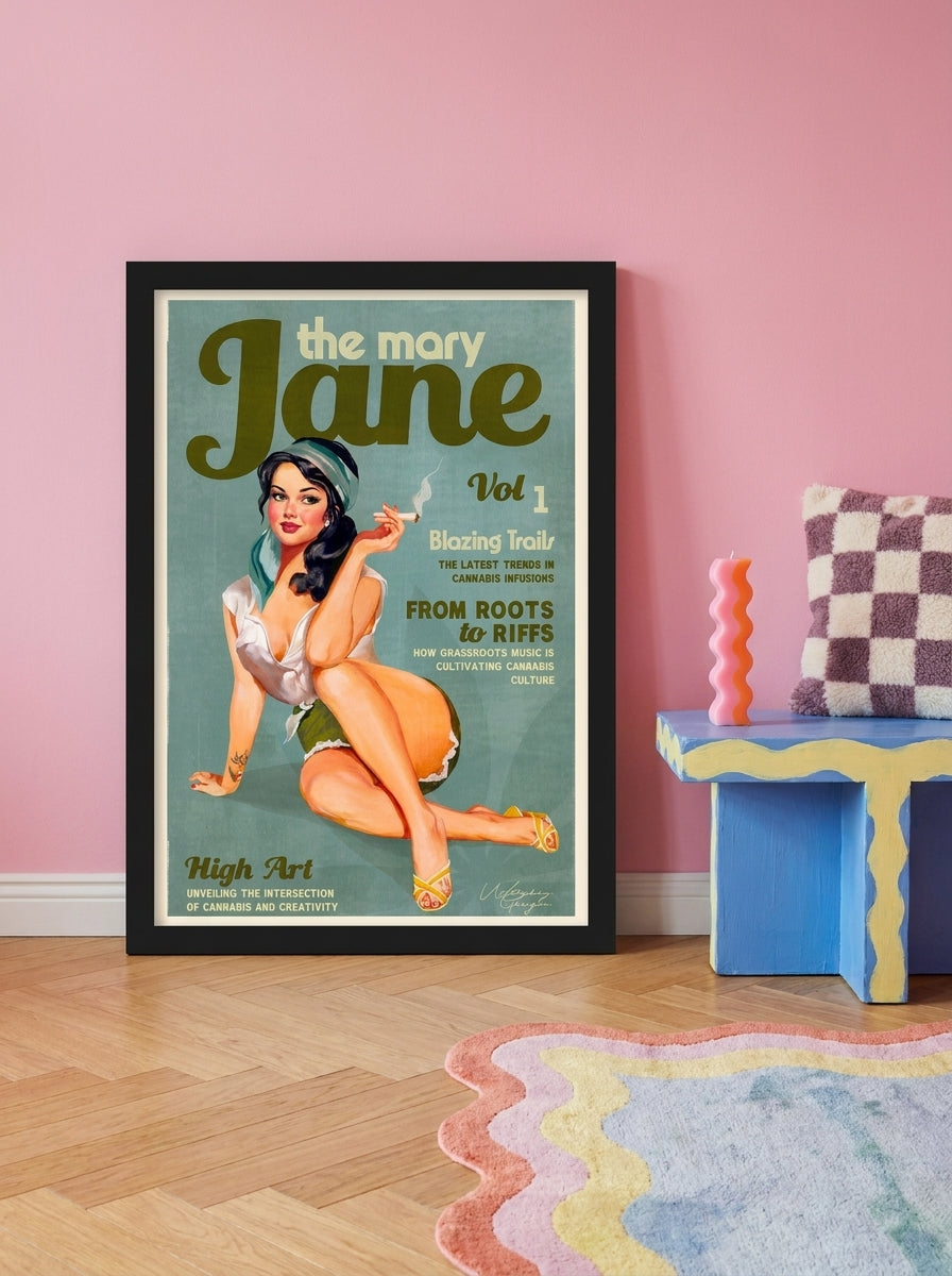 Modern wall art print standing on a side table in a colourful eclectic bedroom