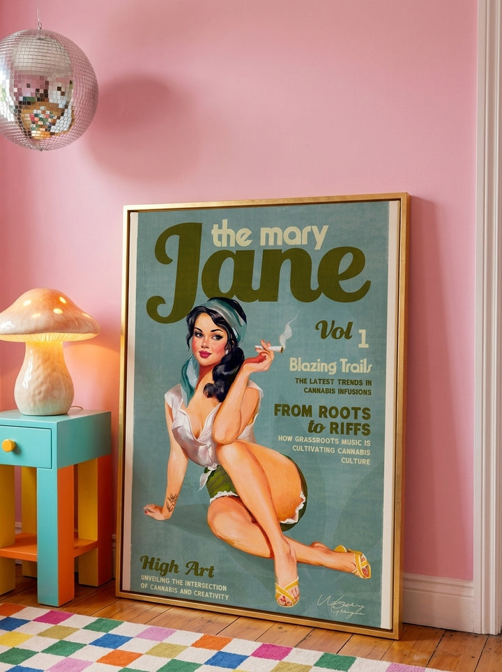 Canvas wall art with a gold leaf surround leaning against the wall in a colourful eclectic bedroom