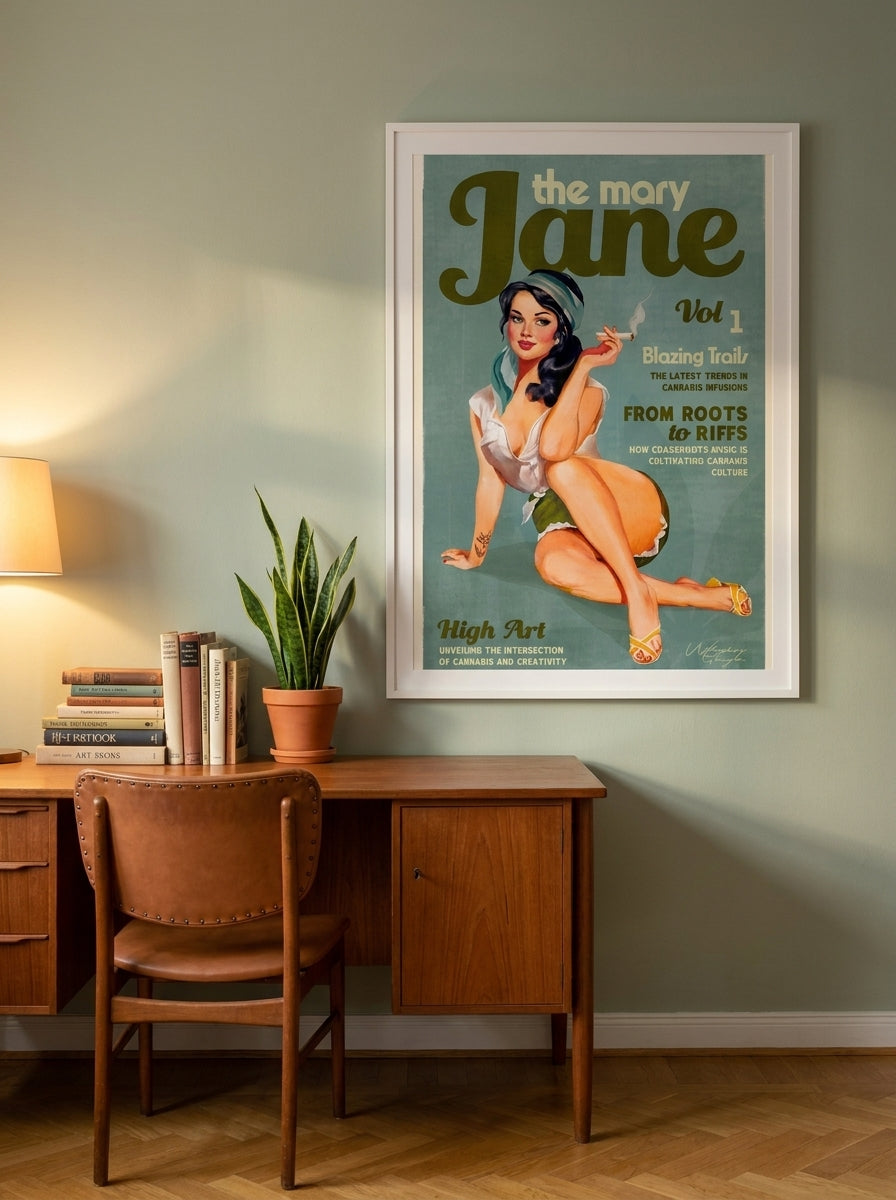 Modern wall art print styled on the wall in a mid-century home office