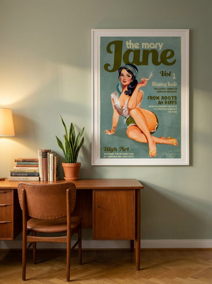 Modern wall art print styled on the wall in a mid-century home office
