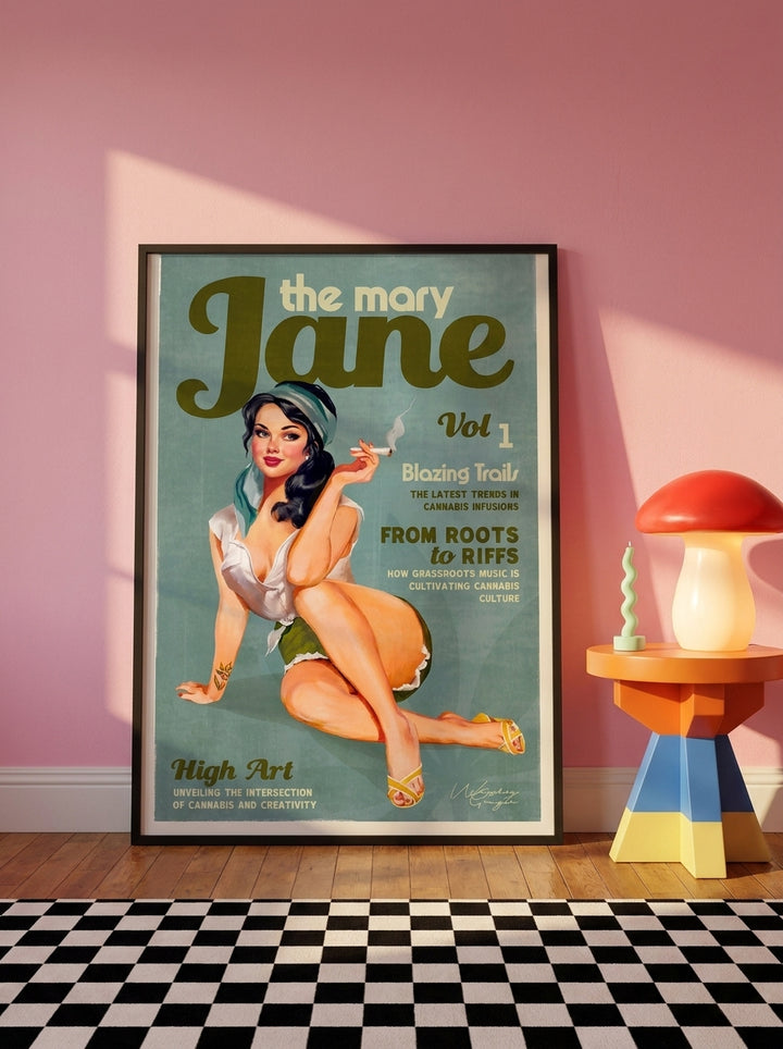 Oversized statement modern wall art print leaning against the wall in a colourful eclectic dining room