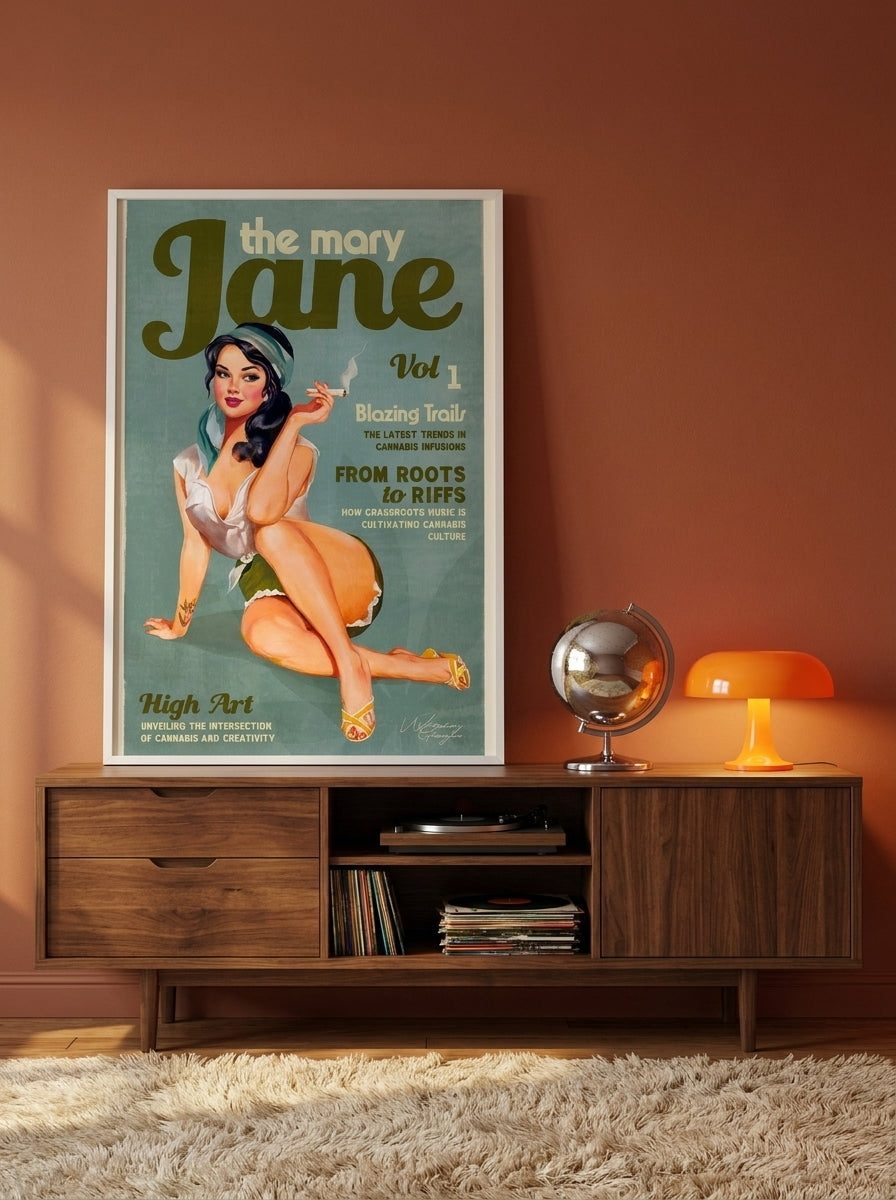 Modern wall art print standing on a sideboard in a retro 70s home office