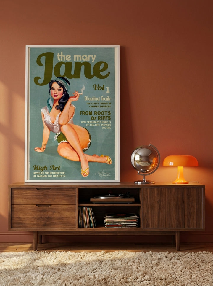 Modern wall art print standing on a sideboard in a retro 70s home office