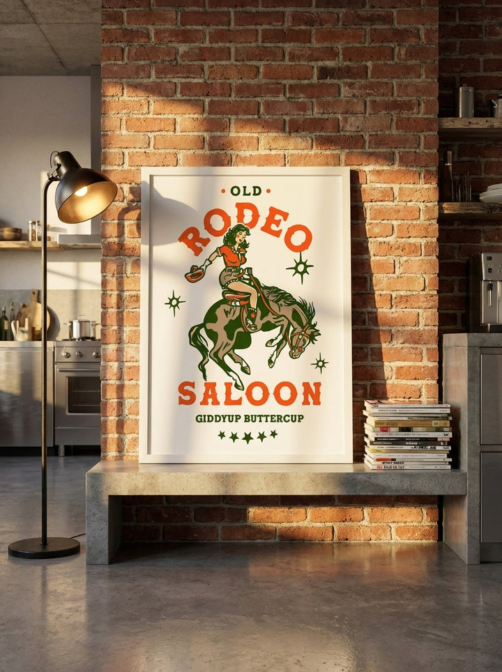 Modern wall art print standing on a kitchen bench in an industrial loft kitchen
