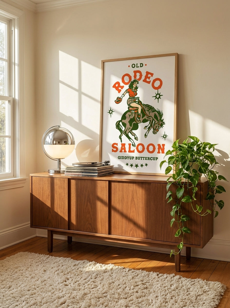 Modern wall art print standing on a sideboard in a retro 70s home office