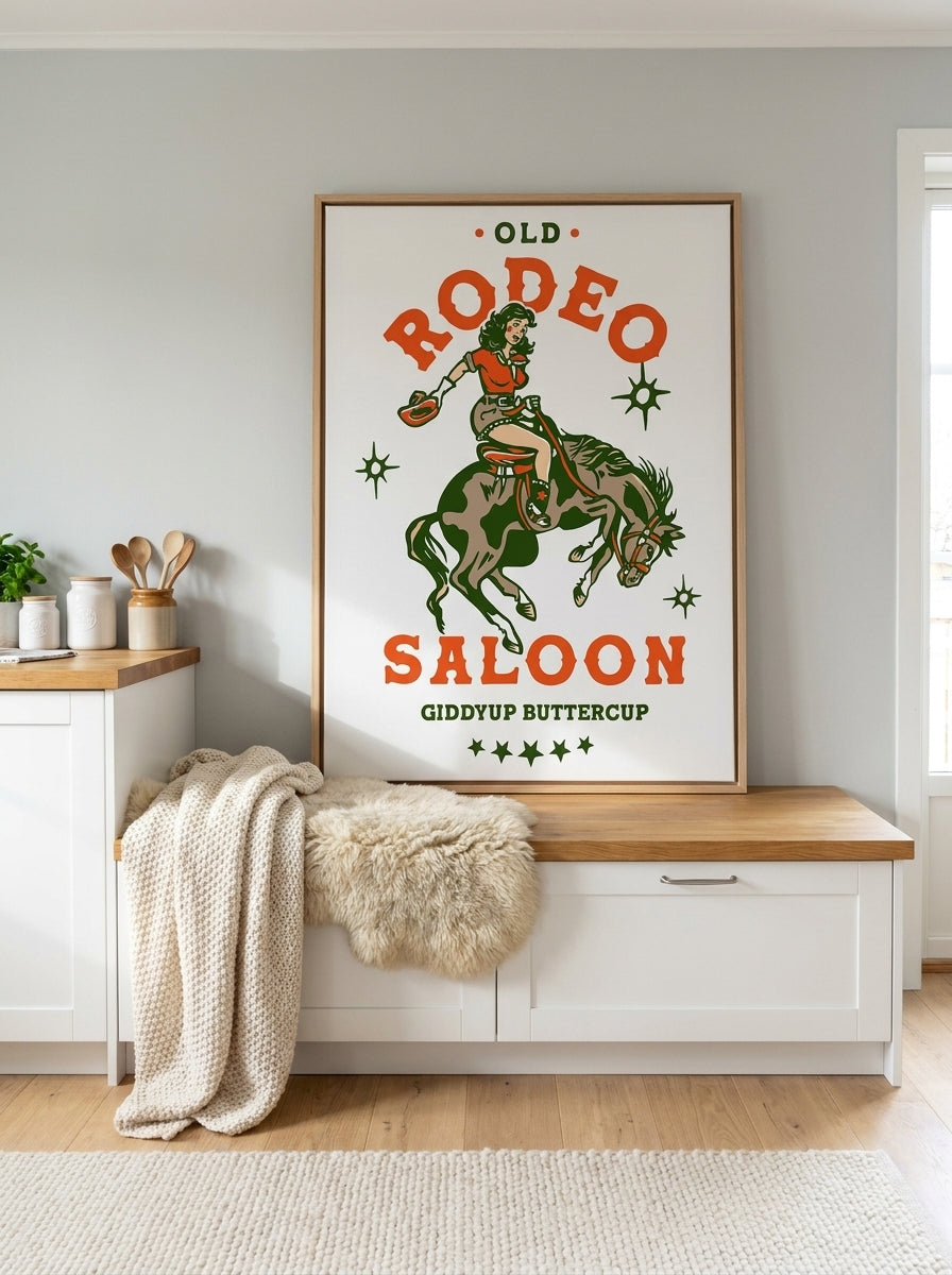 Canvas wall art with a natural timber surround standing on a kitchen bench in a bright Scandinavian kitchen