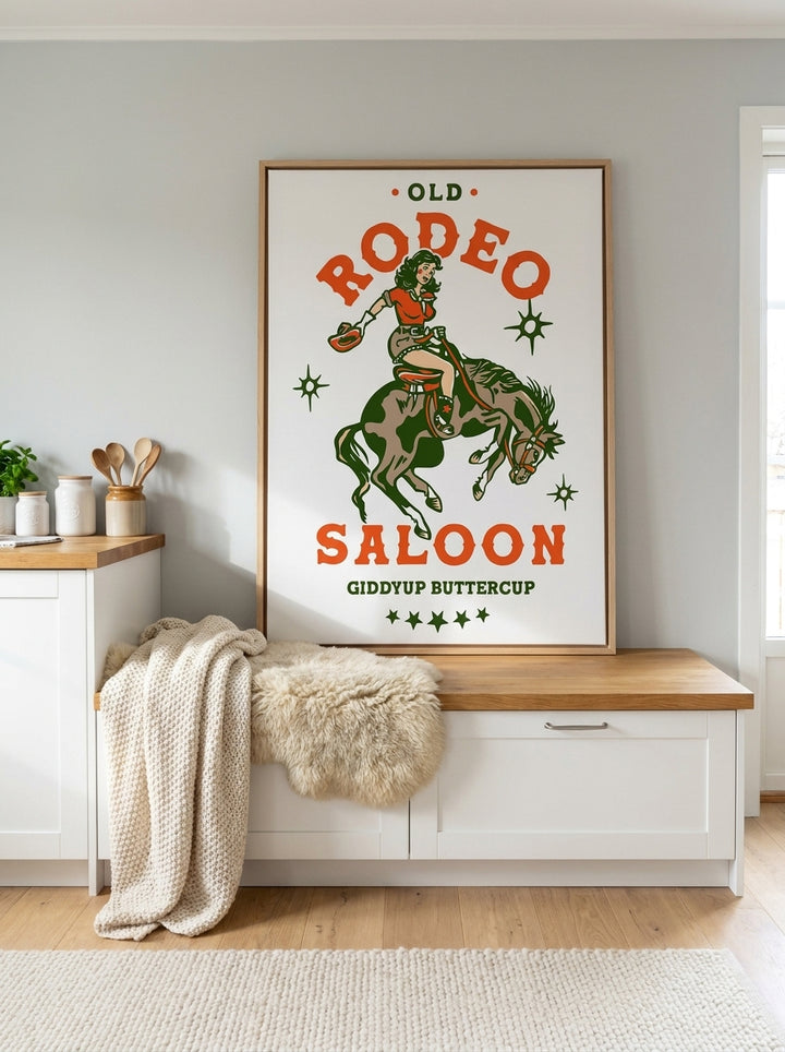 Canvas wall art with a natural timber surround standing on a kitchen bench in a bright Scandinavian kitchen