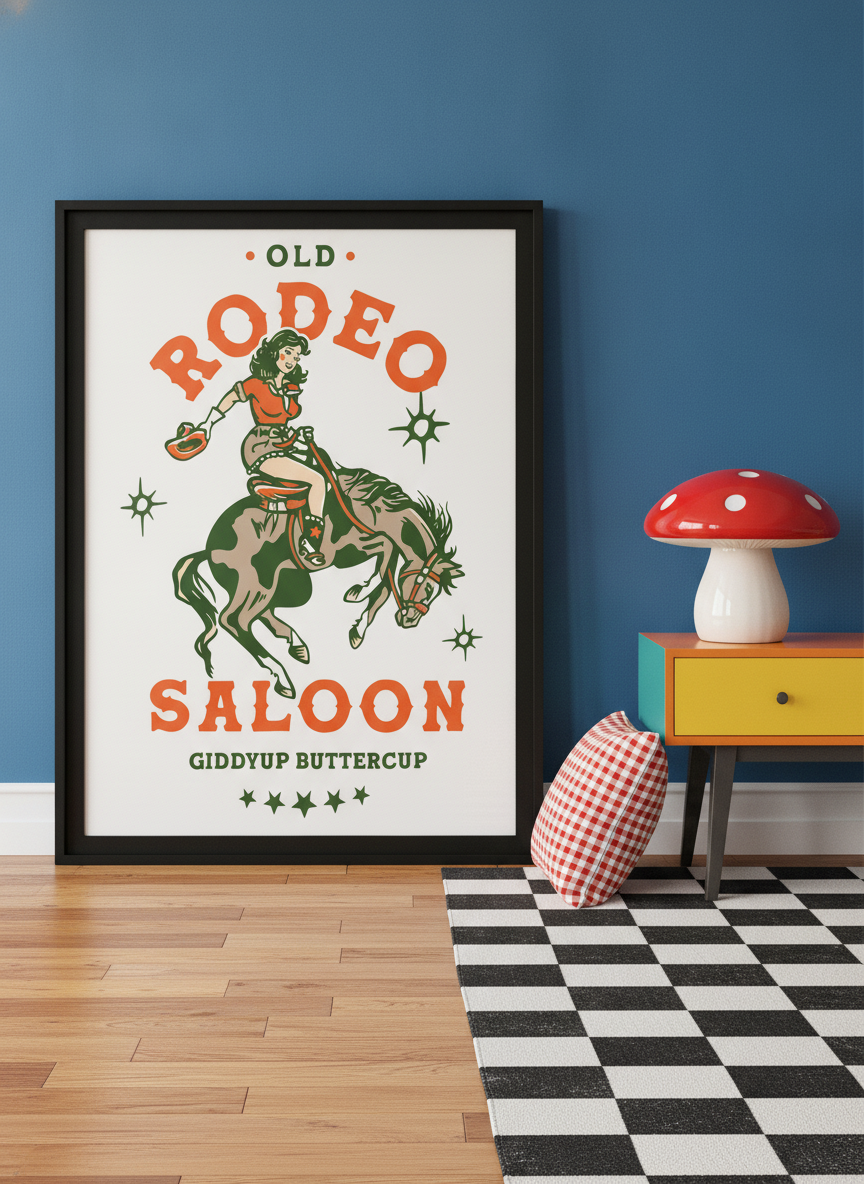 Oversized statement modern wall art print leaning against the wall in a colourful eclectic dining room