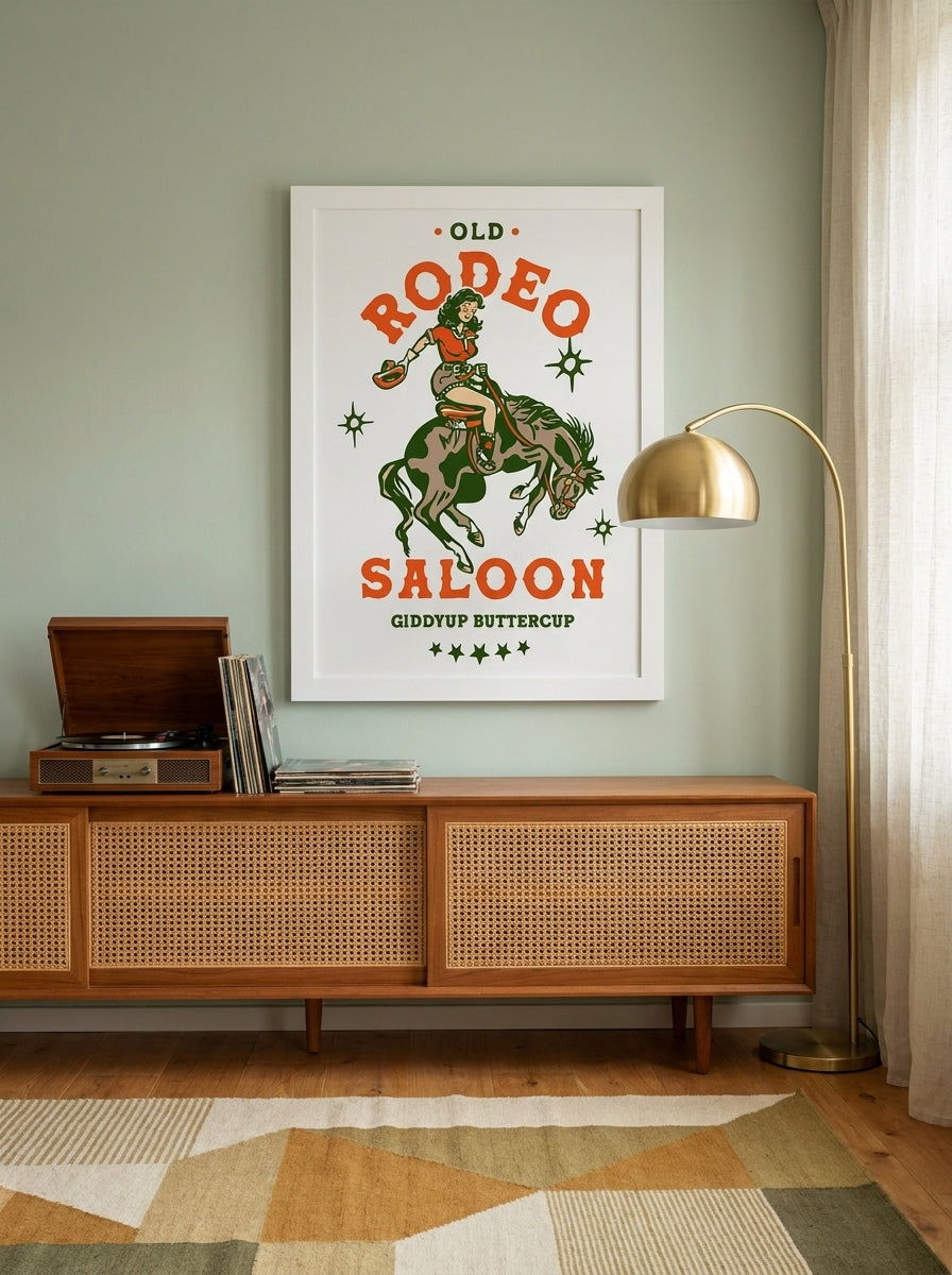 Modern wall art print styled on the wall in a mid-century living room