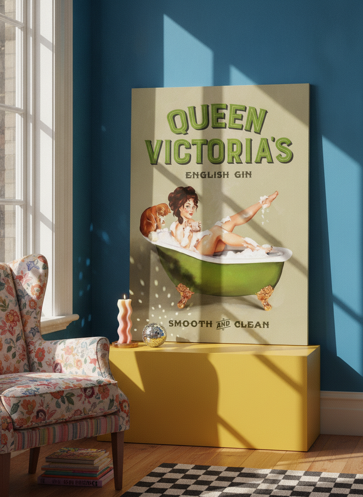 Stretched canvas wall art standing on a side table in a colourful eclectic dining room