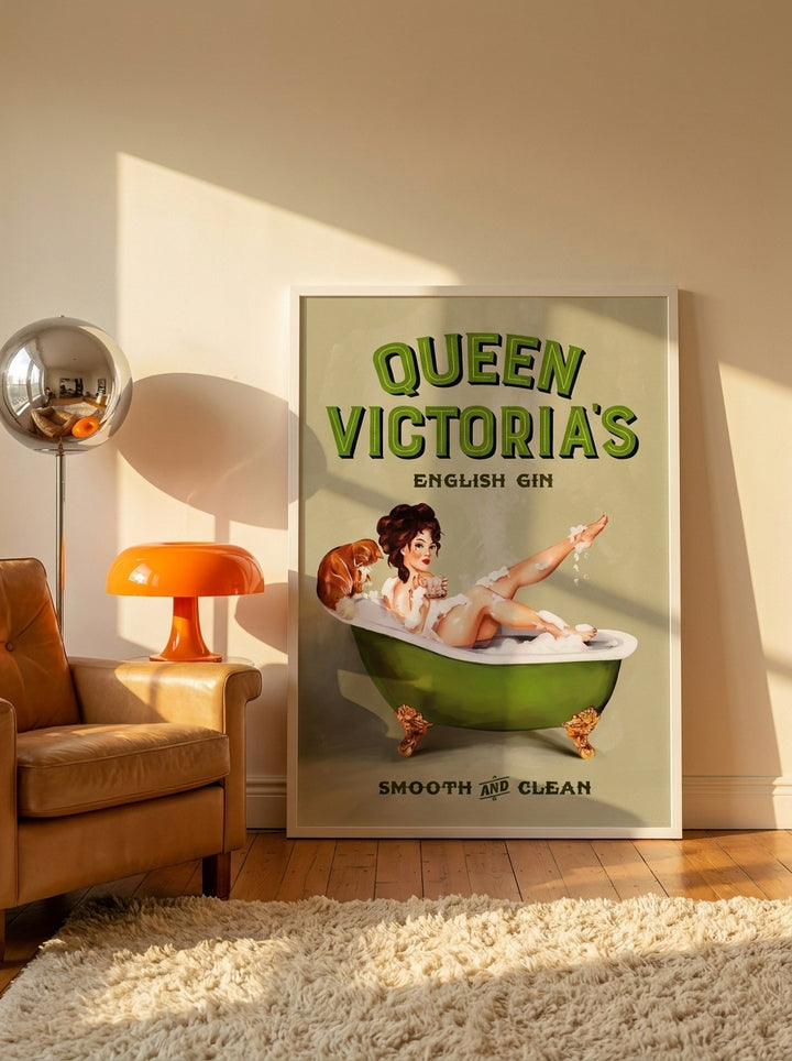 Oversized statement modern wall art print leaning against the wall in a retro 70s living room