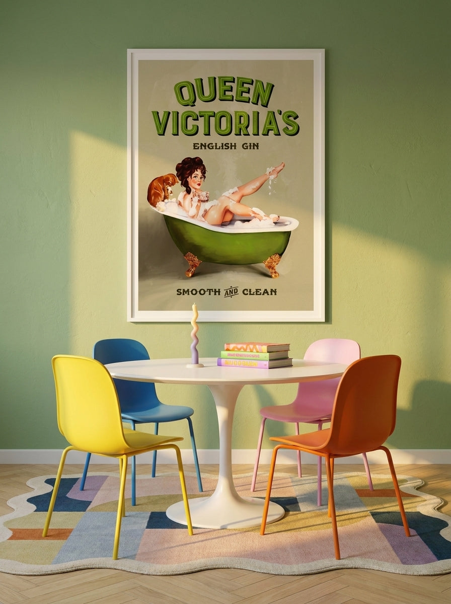 Modern wall art print styled on the wall in a colourful eclectic dining room