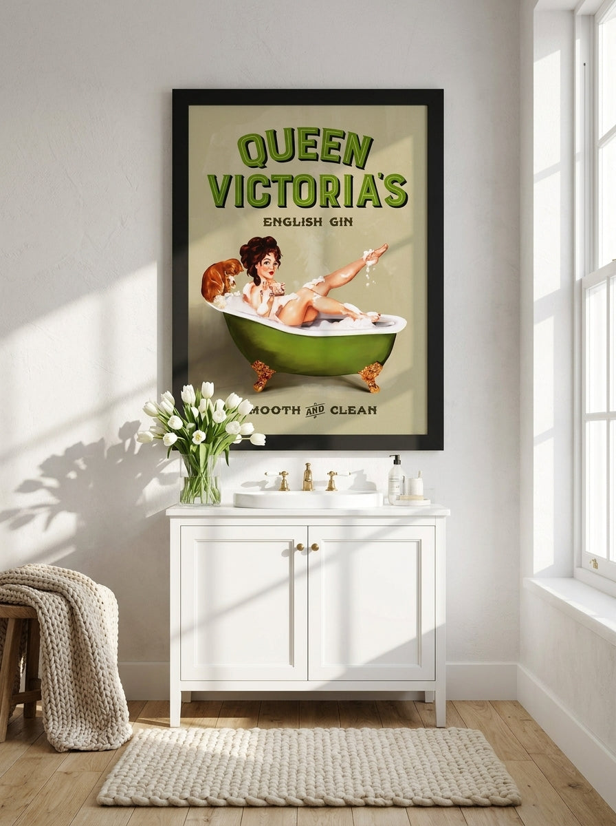 Modern wall art print styled on the wall in a bright Scandinavian bathroom