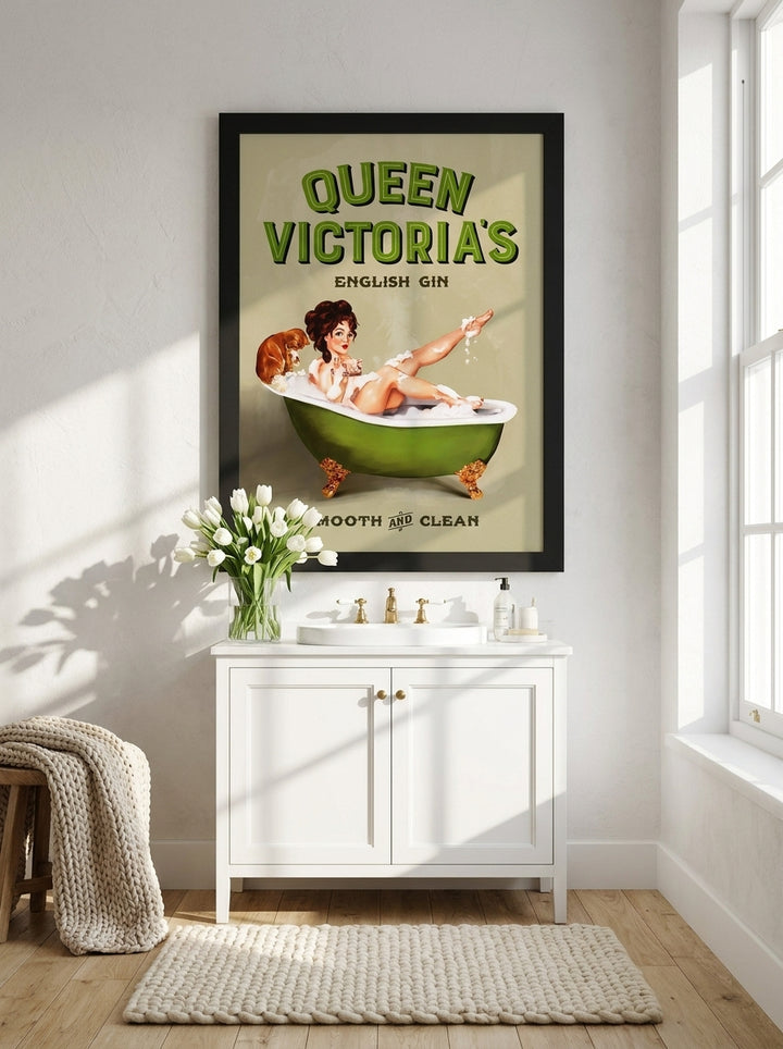 Modern wall art print styled on the wall in a bright Scandinavian bathroom