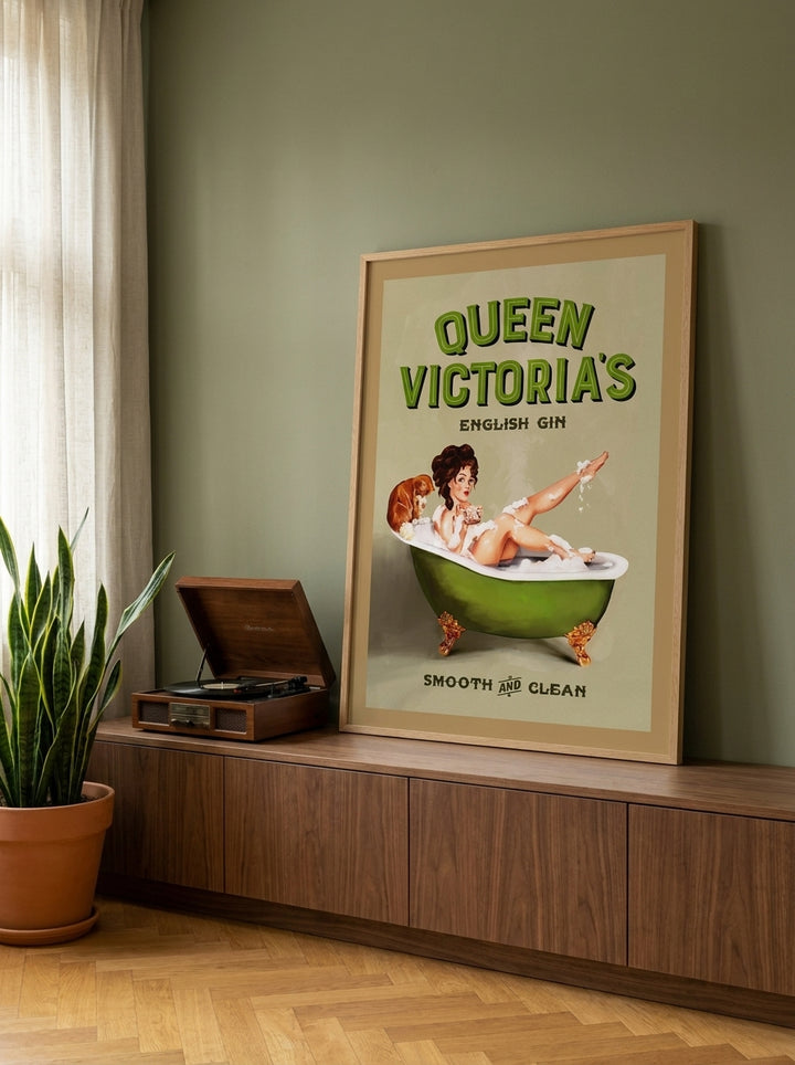 Modern wall art print standing on a kitchen bench in a mid-century kitchen