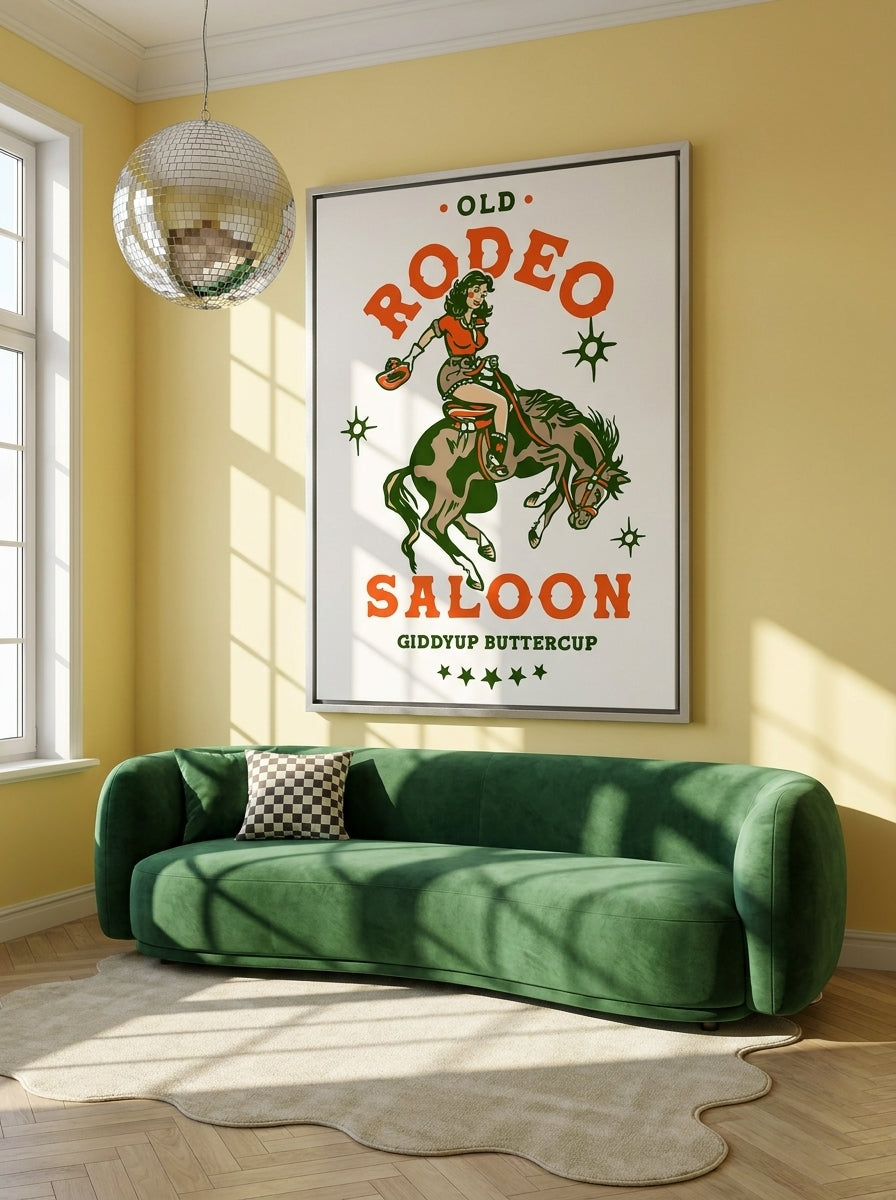 Oversized statement canvas wall art with a silver leaf surround styled on the wall in a colourful eclectic living room