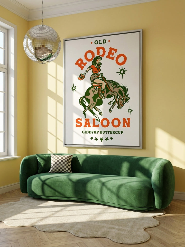 Oversized statement canvas wall art with a silver leaf surround styled on the wall in a colourful eclectic living room