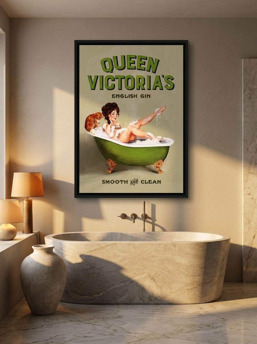 Canvas wall art with a black surround styled on the wall in a luxe bathroom