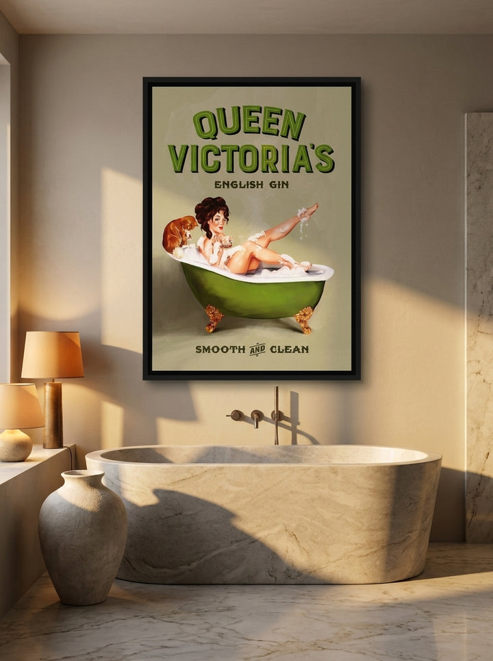 Canvas wall art with a black surround styled on the wall in a luxe bathroom