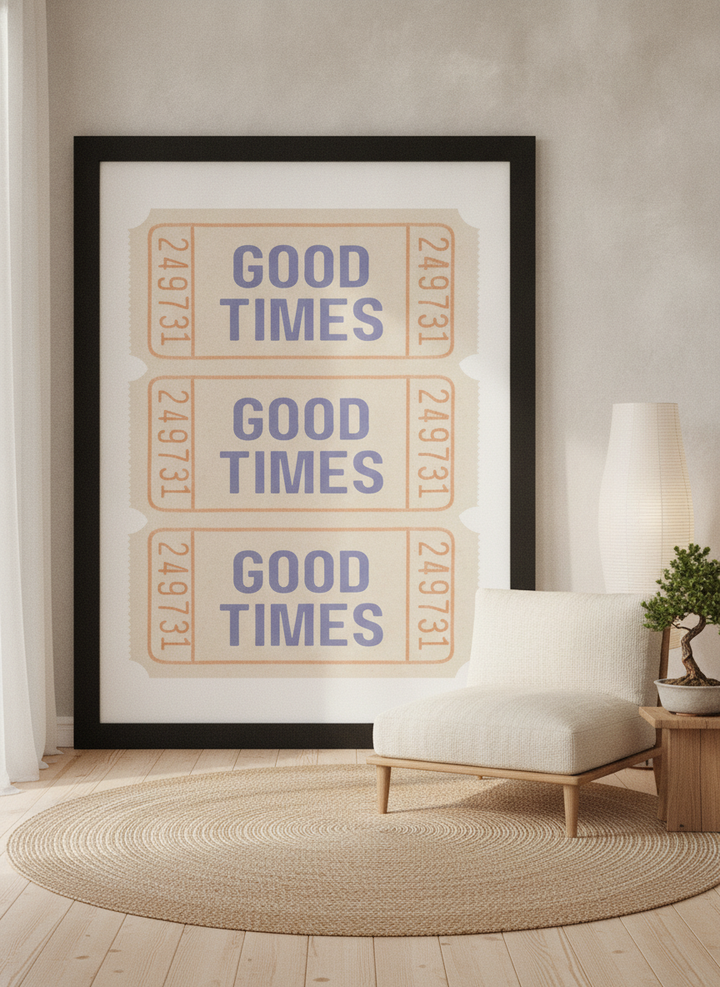 Oversized statement modern wall art print leaning against the wall in a warm Japandi dining room