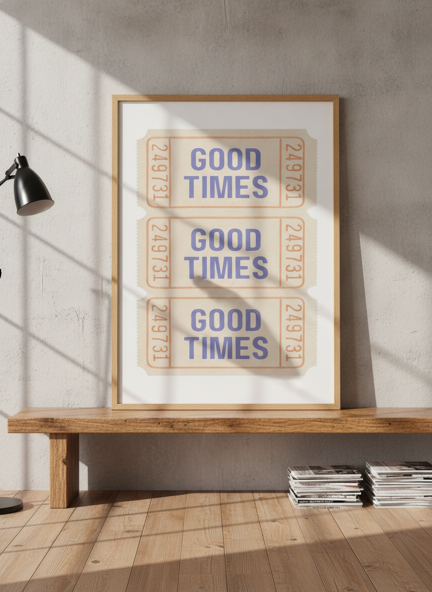 Modern wall art print standing on a bench in an industrial loft home office
