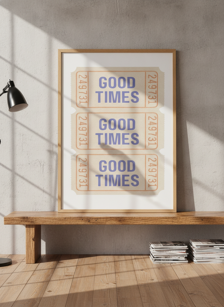 Modern wall art print standing on a bench in an industrial loft home office