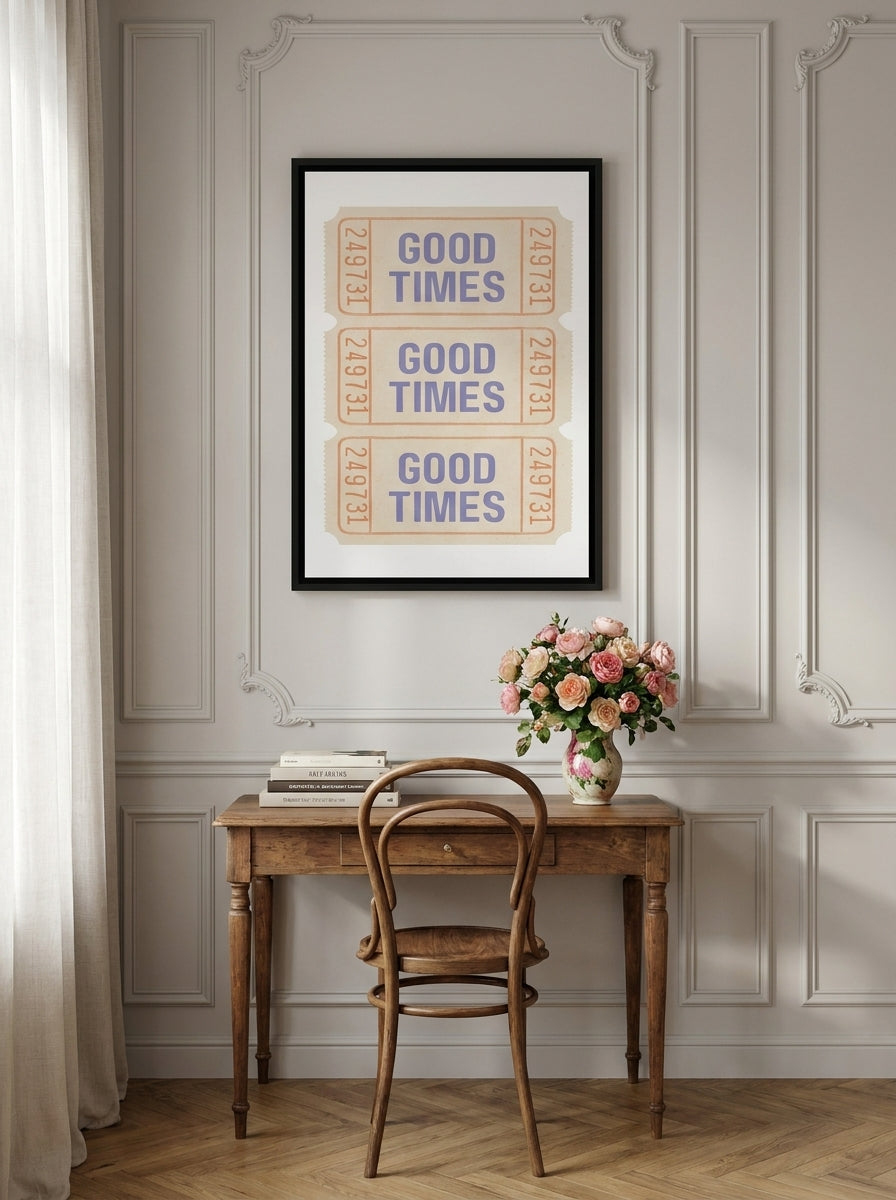 Canvas wall art with a black surround styled on the wall in a Parisian home office