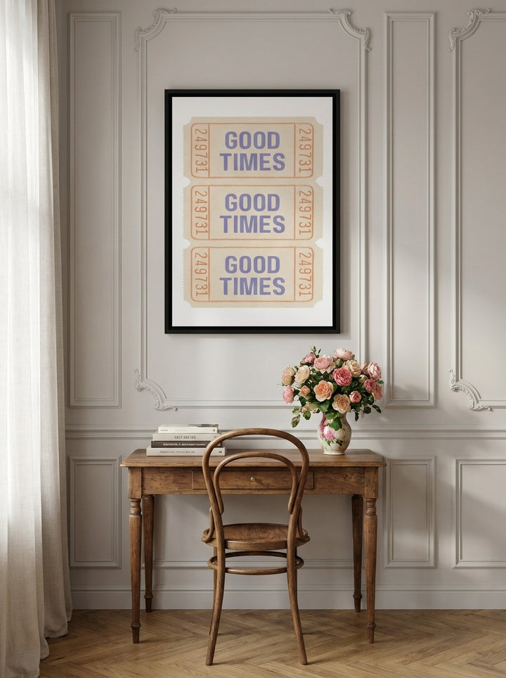 Canvas wall art with a black surround styled on the wall in a Parisian home office