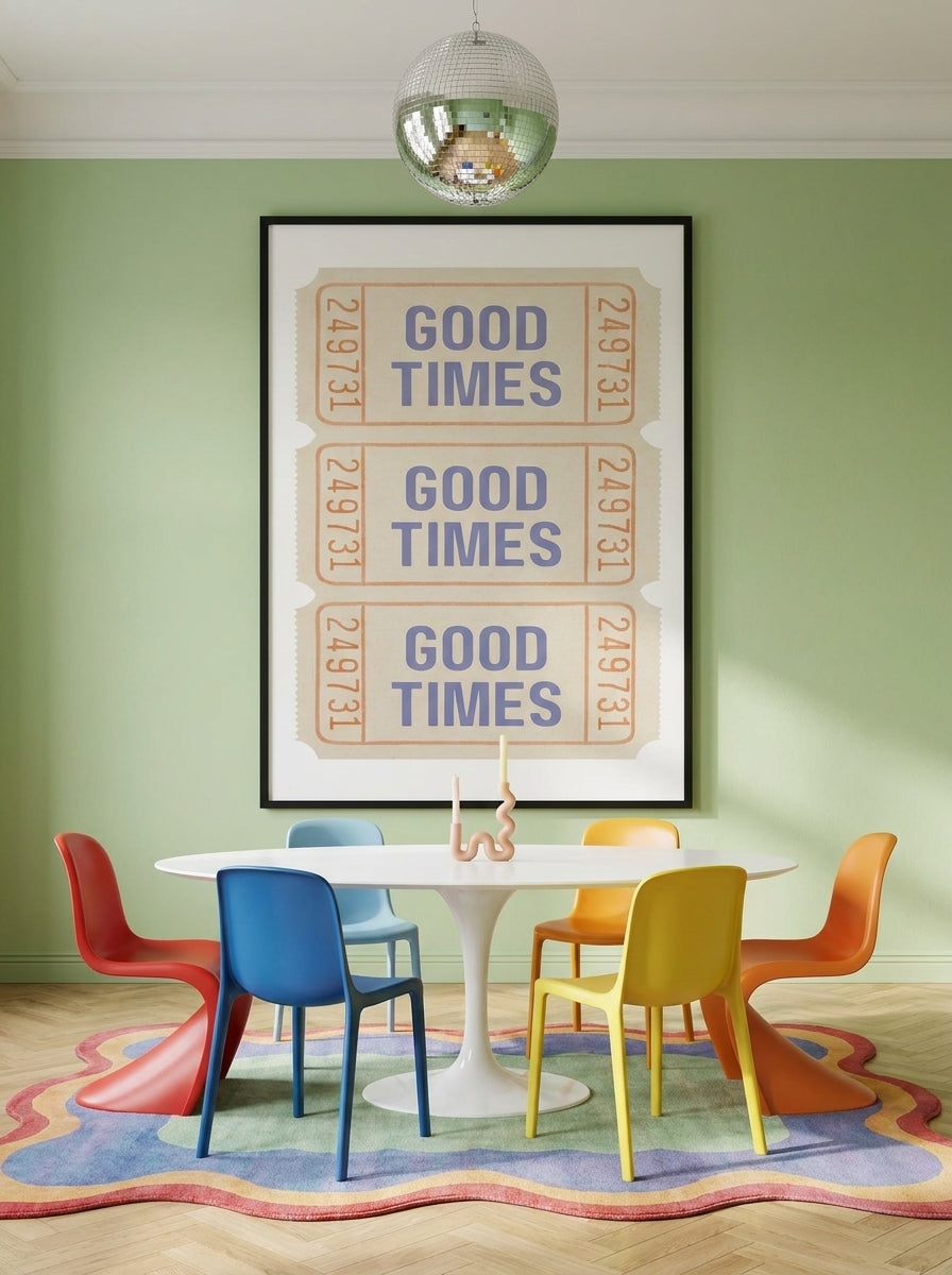 Oversized statement modern wall art print styled on the wall in a colourful eclectic dining room