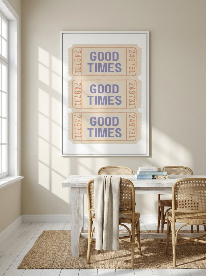 Oversized statement canvas wall art with a white surround styled on the wall in a coastal dining room