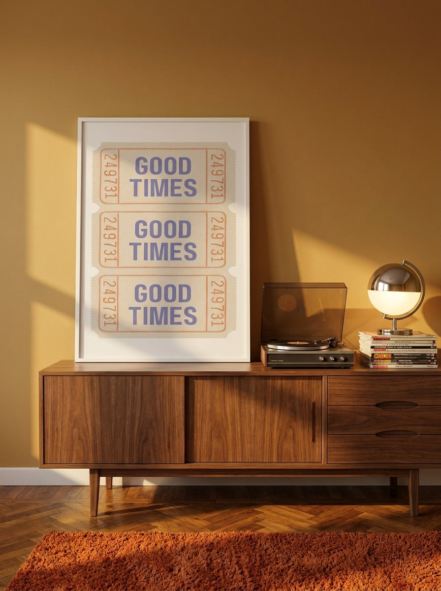 Modern wall art print standing on a sideboard in a retro 70s bedroom