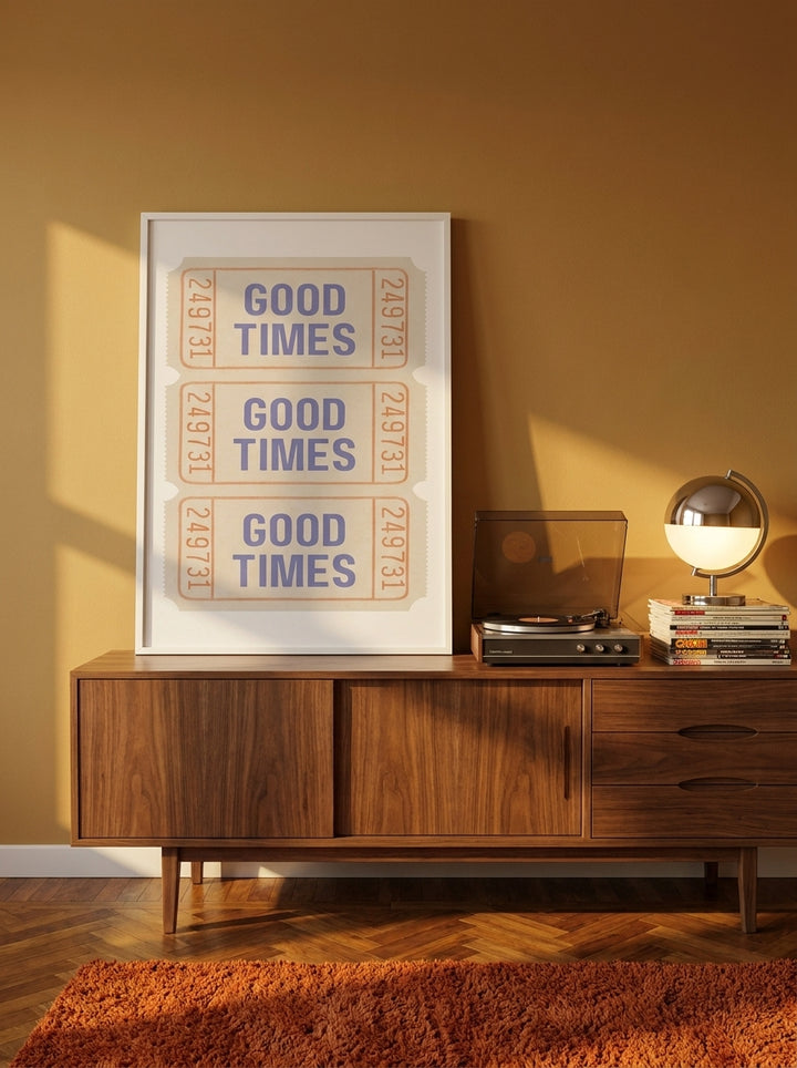 Modern wall art print standing on a sideboard in a retro 70s bedroom
