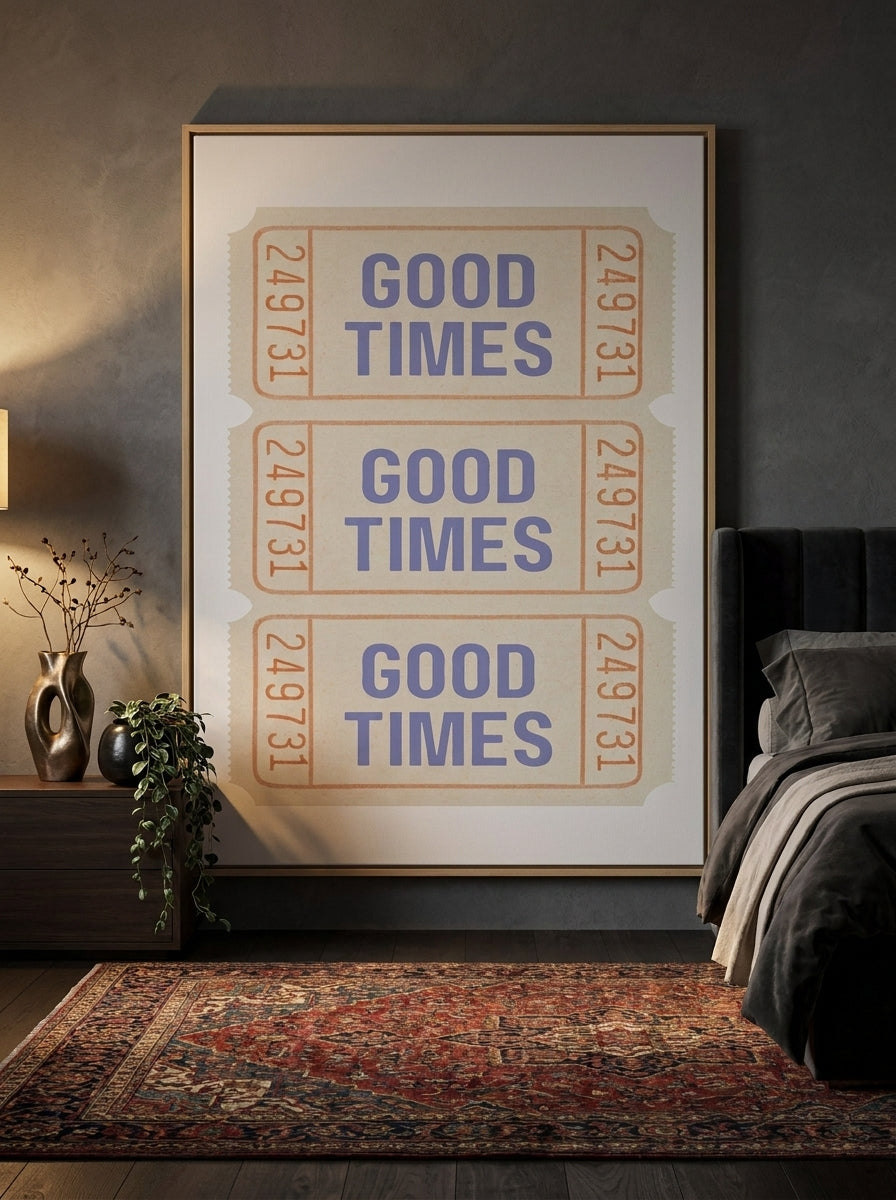 Canvas wall art with a natural timber surround styled on the wall in a moody bedroom