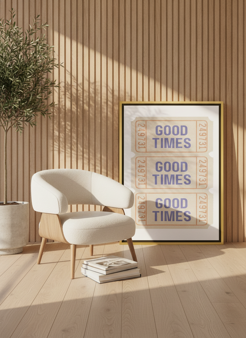 Canvas wall art with a gold leaf surround leaning against the wall in a luxe living room