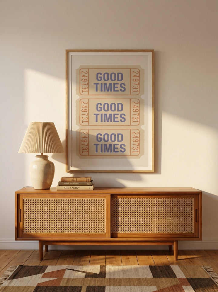 Modern wall art print styled on the wall in a mid-century living room