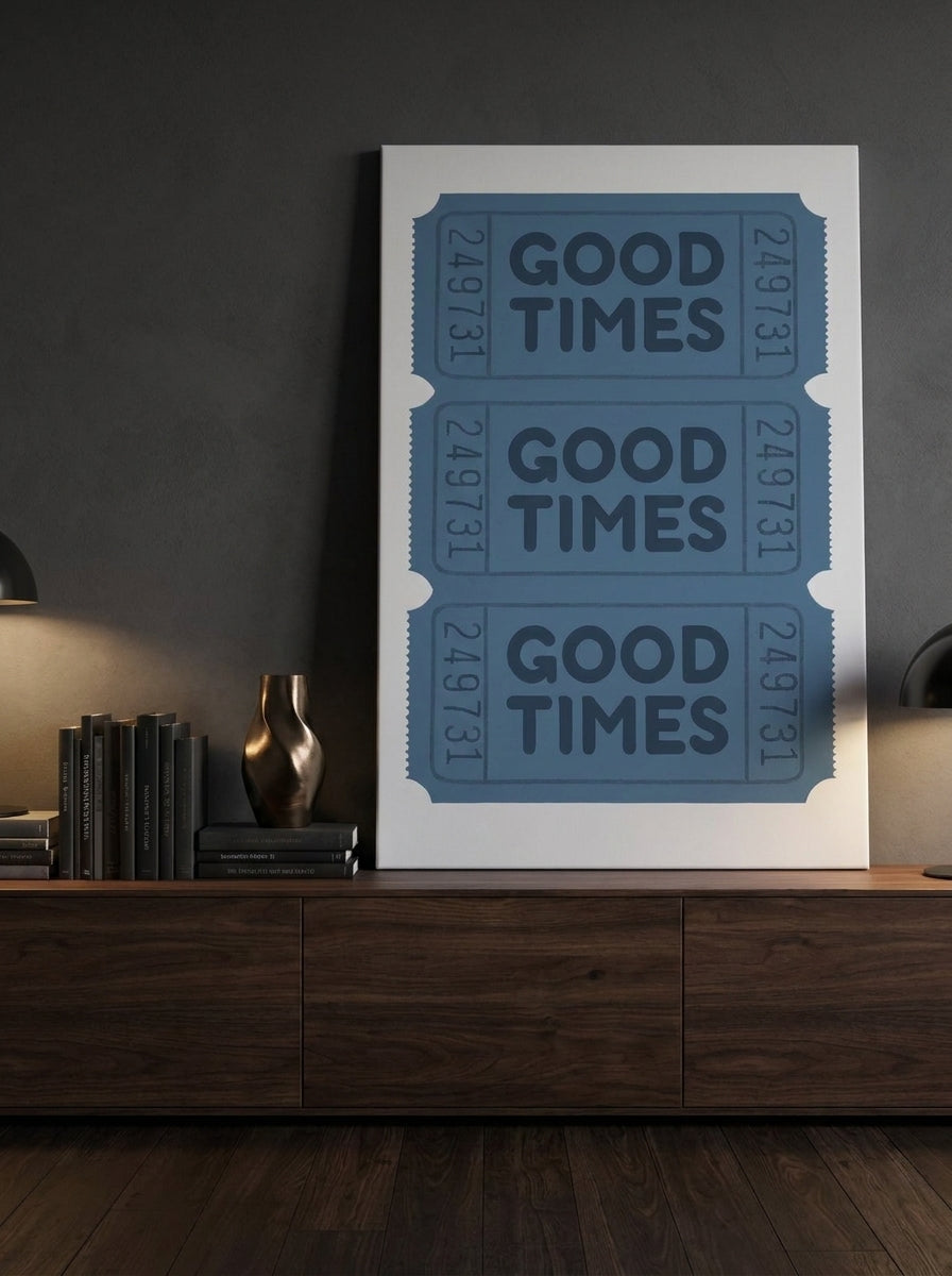 Stretched canvas wall art standing on a sideboard in a moody home office
