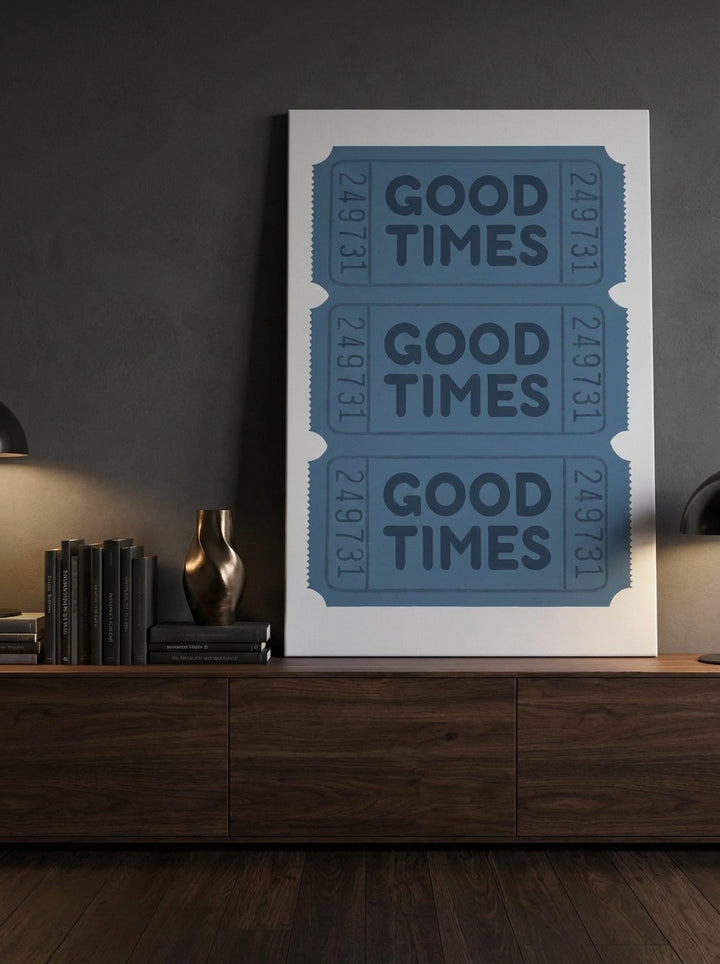 Stretched canvas wall art standing on a sideboard in a moody home office