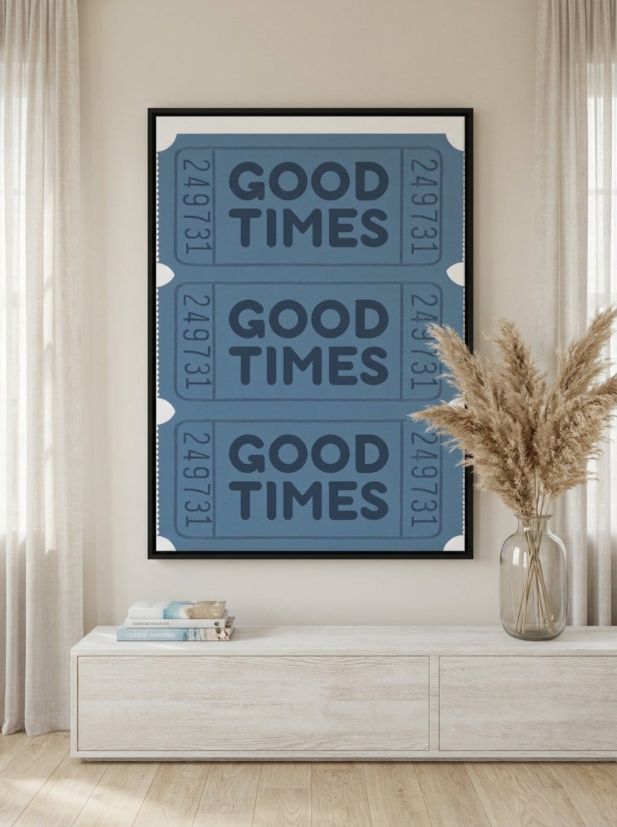 Canvas wall art with a black surround styled on the wall in a coastal living room
