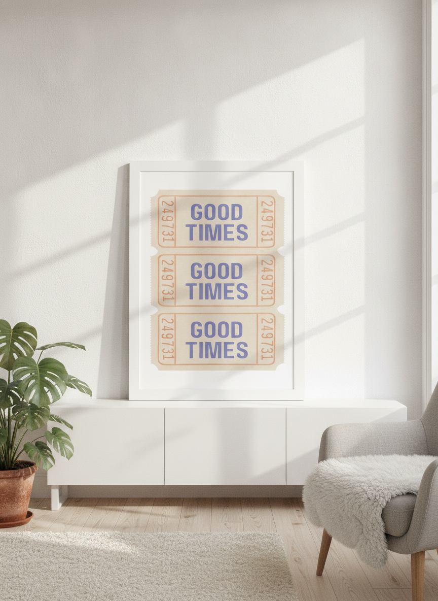 Modern wall art print standing on a sideboard in a bright Scandinavian living room