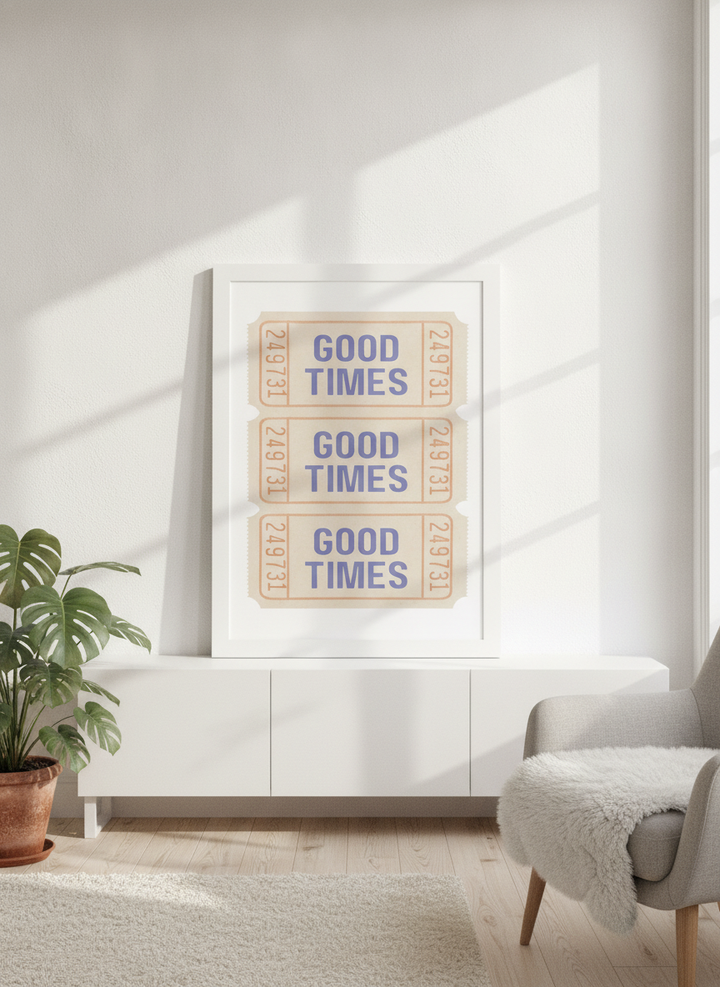 Modern wall art print standing on a sideboard in a bright Scandinavian living room