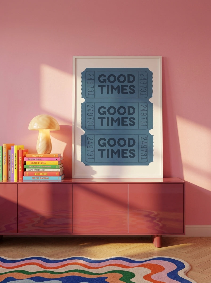 Modern wall art print standing on a sideboard in a colourful eclectic bedroom