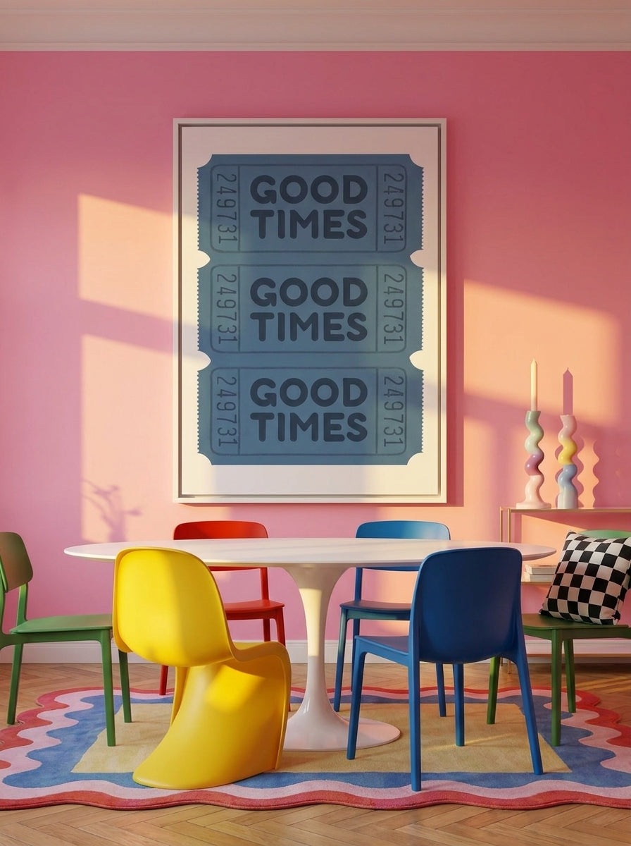 Oversized statement canvas wall art with a white surround styled on the wall in a colourful eclectic dining room