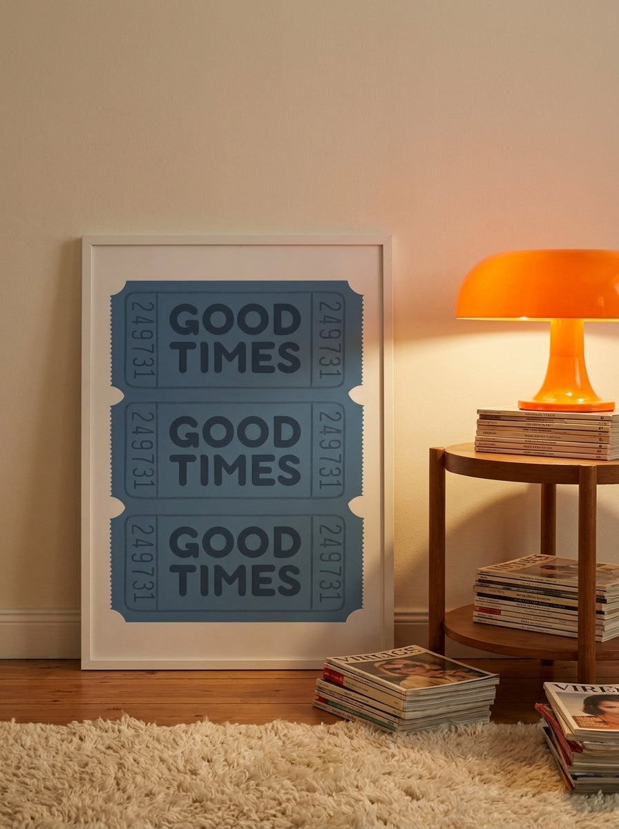 Modern wall art print leaning against the wall in a retro 70s home office