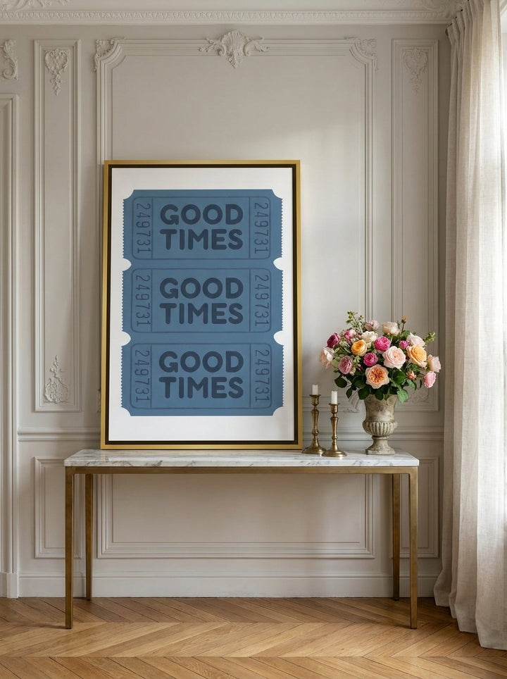 Canvas wall art with a gold leaf surround standing on a console in a Parisian home office