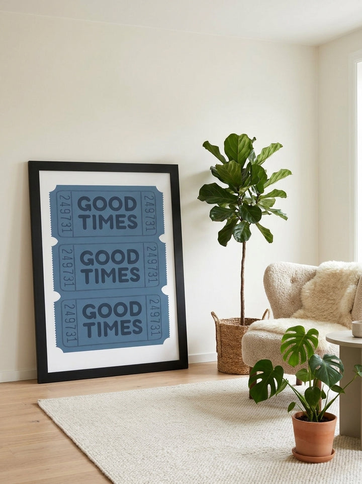 Modern wall art print leaning against the wall in a bright Scandinavian living room