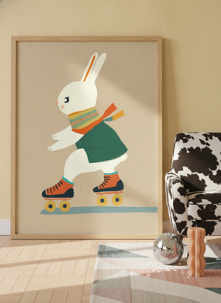 Modern wall art print leaning against the wall in a colourful eclectic living room